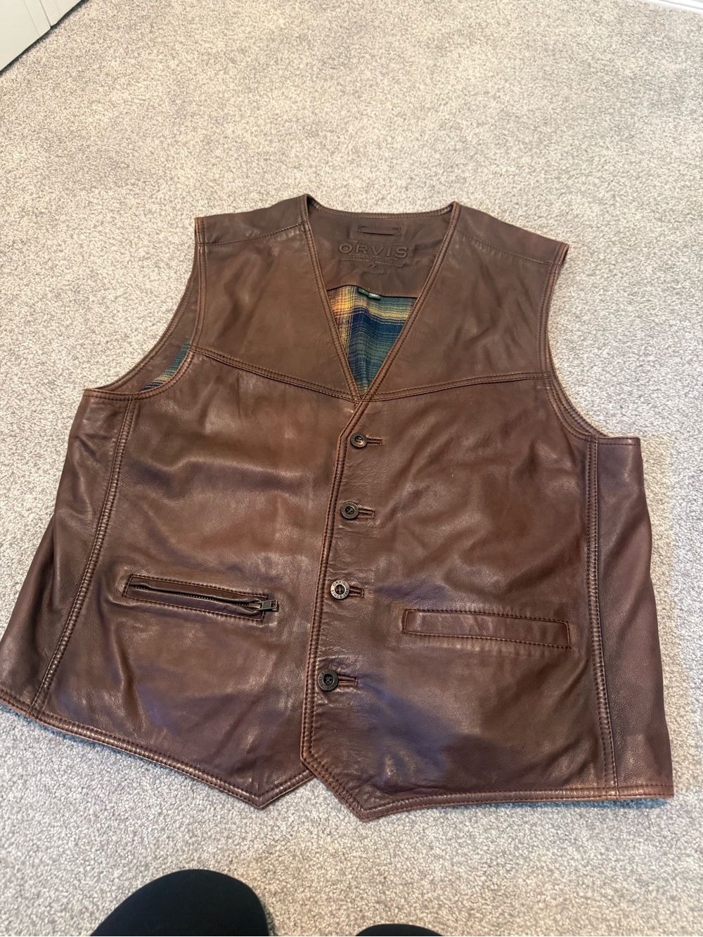 Orvis Men's Dark Brown Leather Button-Front Vest